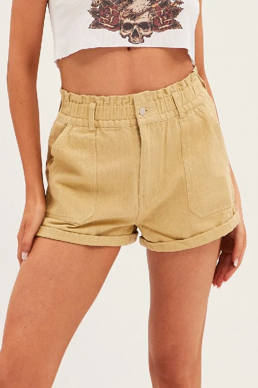 Beige Relaxed Shorts Paper Bag High Rise