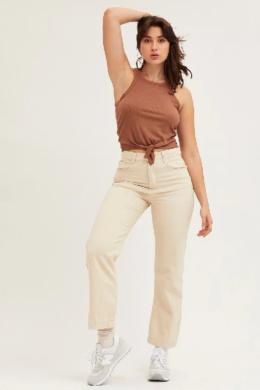 Beige Rib Knot Front Tank Top