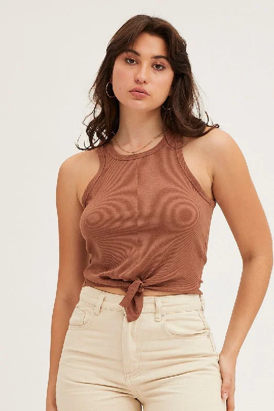 Beige Rib Knot Front Tank Top