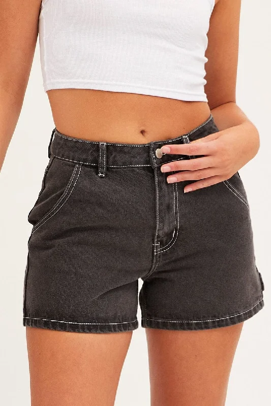 Black Carpenter Denim Shorts High Rise