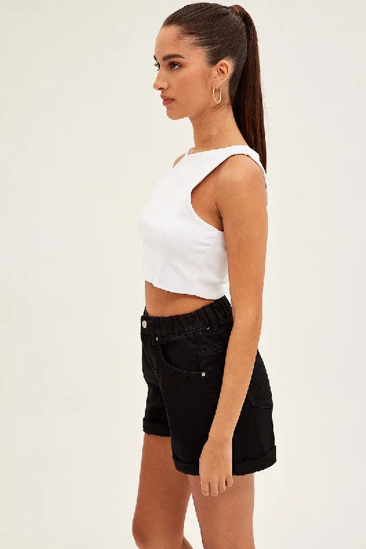 Black Relaxed Denim Shorts High Rise