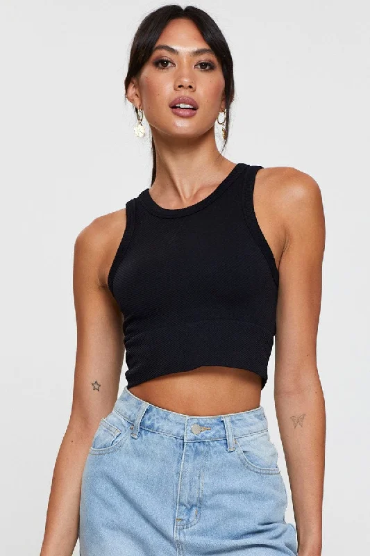 Black Tank Top Sleeveless Crew Neck Seamless