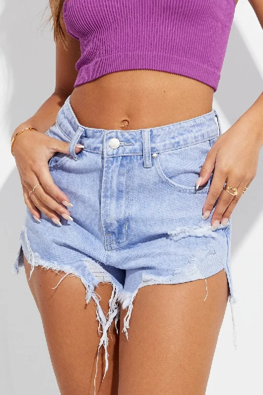 Blue Denim Ripped Denim Shorts Mid Rise