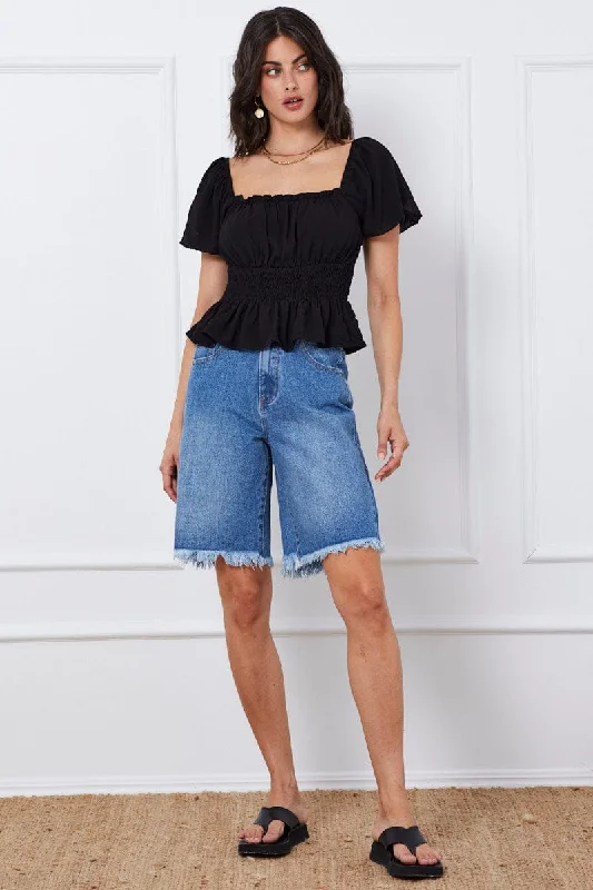 Blue Knee Length Denim Shorts High Rise