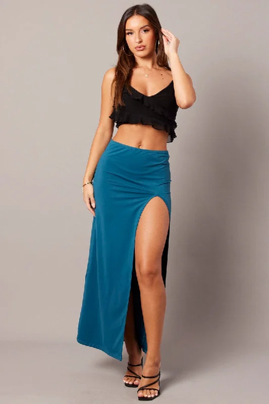 Blue Maxi Skirt Mid Rise Split Nylon