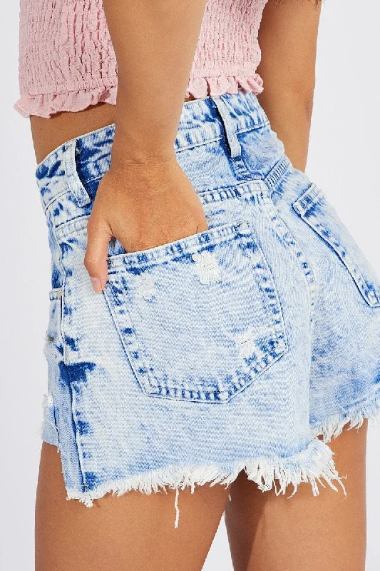 Blue Ripped Denim Shorts High Rise