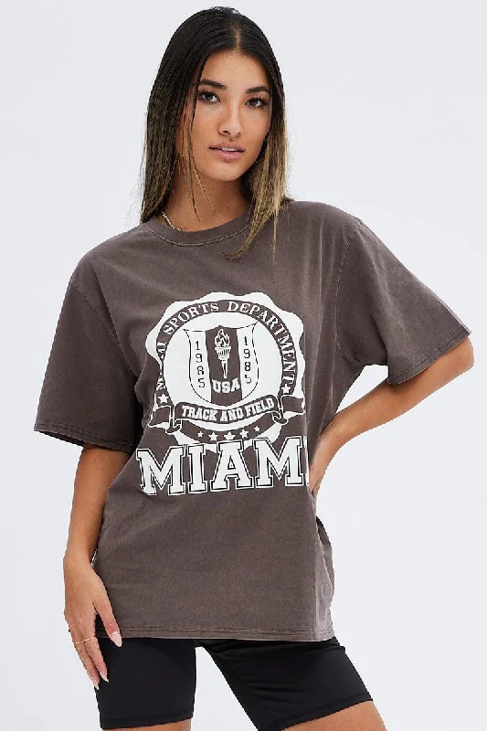 Brown T Shirt Short Sleeve Round Neck Miami