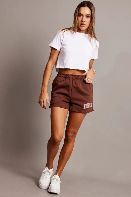 Brown Track Shorts High Rise Elastic Waist