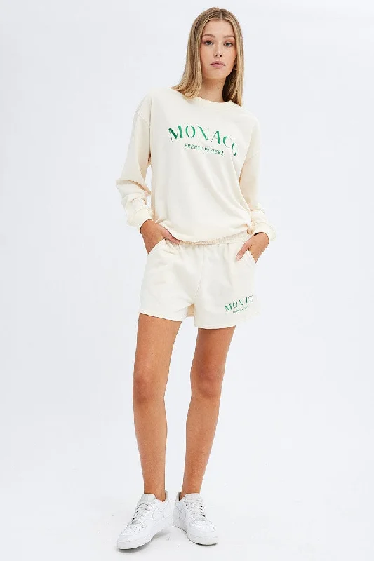 Cream Track Short Monaco Embroidery