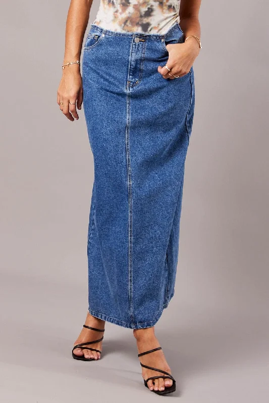 Denim Maxi Skirt High Rise A-line Raw Edge Denim