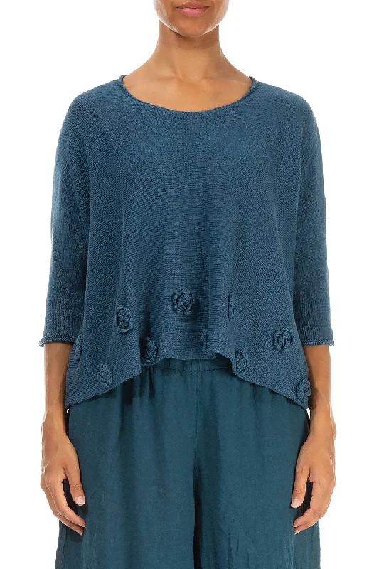 Flowers Decorated Blue Linen Jumper