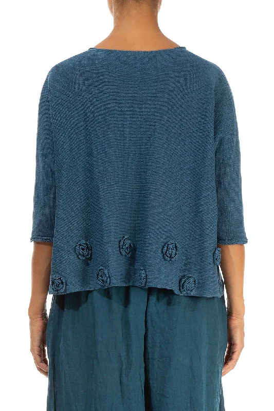 Flowers Decorated Blue Linen Jumper