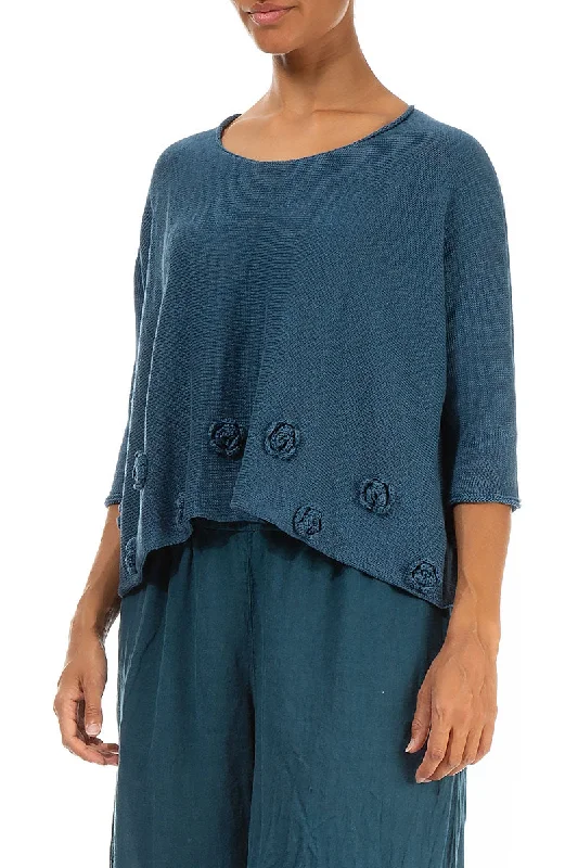 Flowers Decorated Blue Linen Jumper