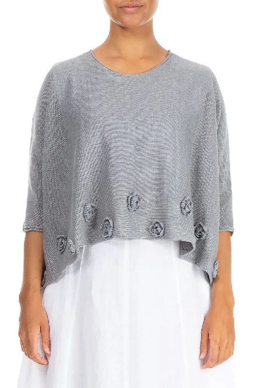 Flowers Decorated Light Grey Linen Jumper