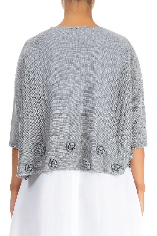 Flowers Decorated Light Grey Linen Jumper