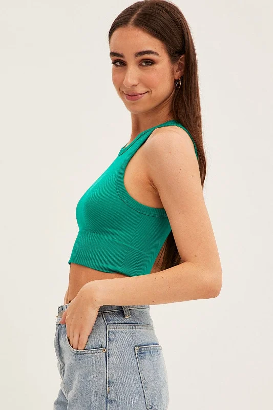 Green Tank Top Sleeveless Crew Neck Seamless