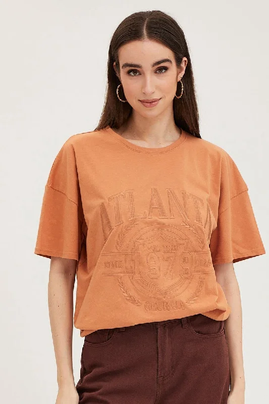 Orange Graphic T Shirt Embroided