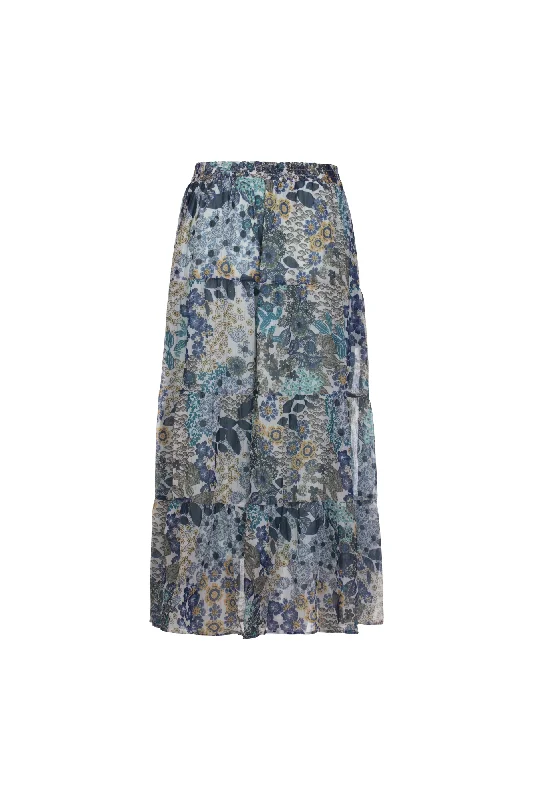 Printed Chiffon Skirt with lining | Indigo Green Garden | 8559AR