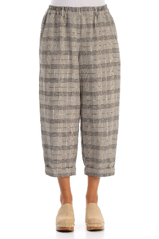 Roll Up Greige Check Linen Trousers