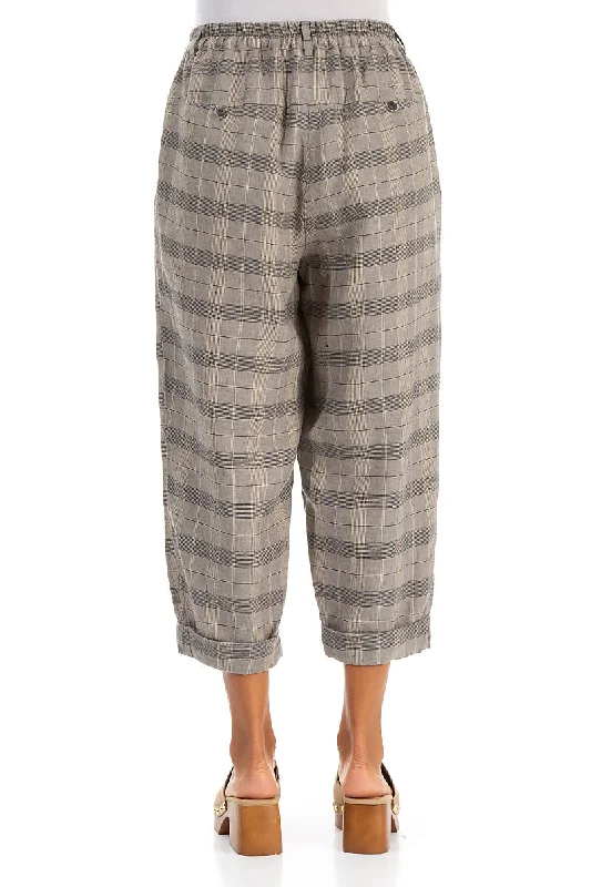 Roll Up Greige Check Linen Trousers