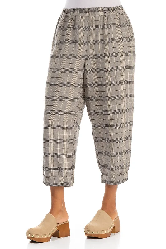 Roll Up Greige Check Linen Trousers