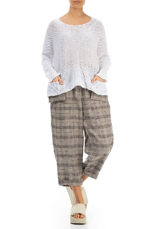 Roll Up Greige Check Linen Trousers