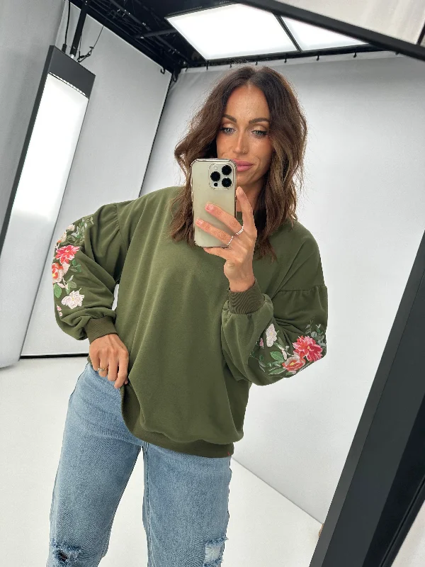 Shine On Label Rosetta Embroidered Sleeve Crew Olive