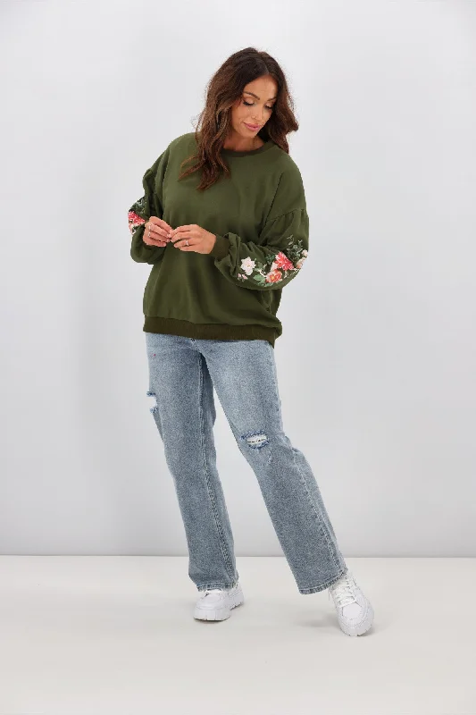 Shine On Label Rosetta Embroidered Sleeve Crew Olive