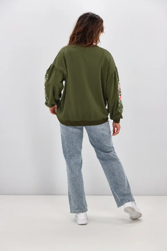 Shine On Label Rosetta Embroidered Sleeve Crew Olive