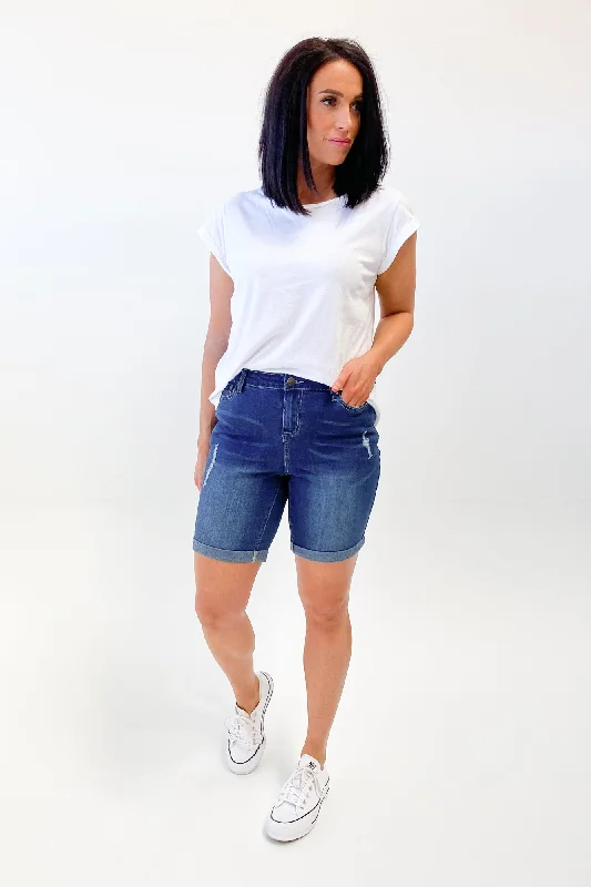 Shine On Label Stretch Denim Boyfriend Shorts Indigo Blue