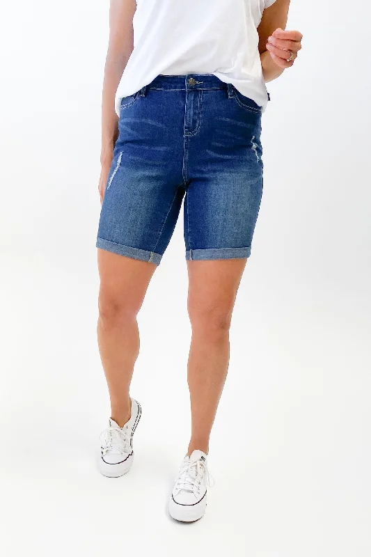 Shine On Label Stretch Denim Boyfriend Shorts Indigo Blue