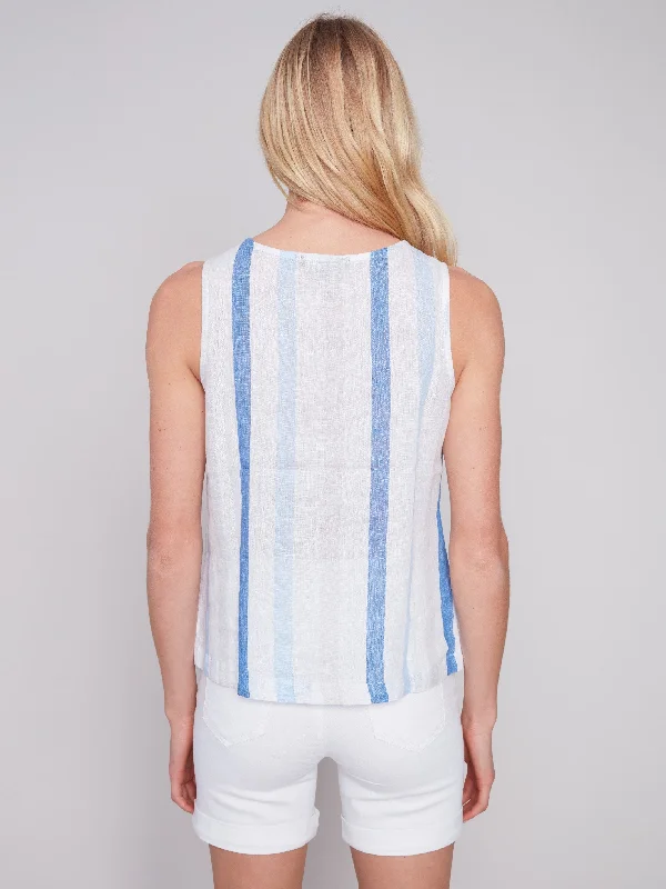 Sleeveless Striped Linen Top with Button Detail - Denim