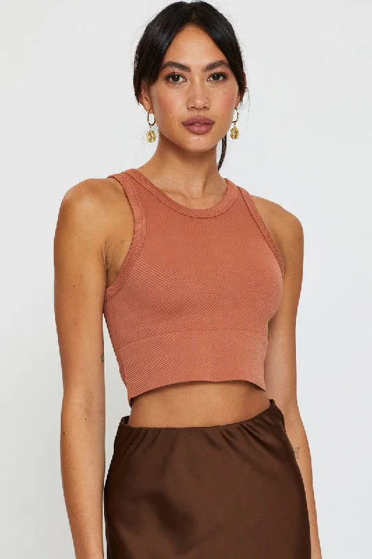 Tan Tank Top Sleeveless Crew Neck Seamless