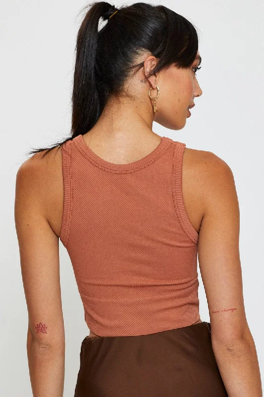 Tan Tank Top Sleeveless Crew Neck Seamless