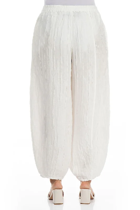 Taper Off White Crinkled Silk Linen Trousers