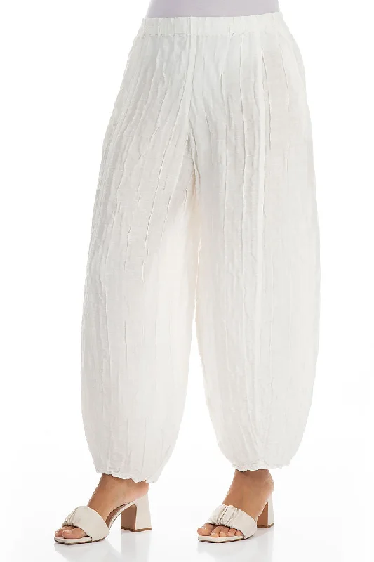 Taper Off White Crinkled Silk Linen Trousers