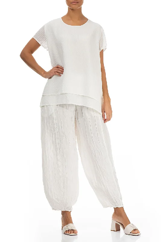 Taper Off White Crinkled Silk Linen Trousers