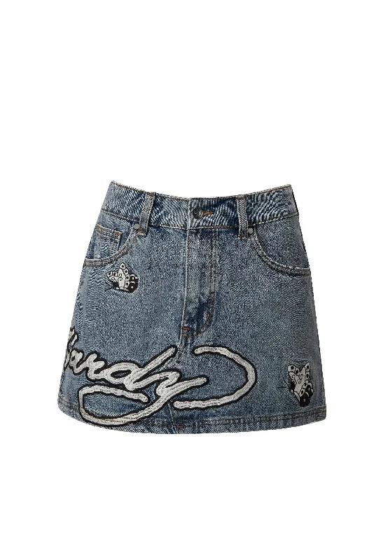 Womens Water Butterfly Denim Mini Skirt - Bleach