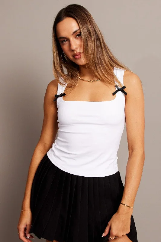 White Supersoft Tank Scoop Neck Sleeveless Ribbon