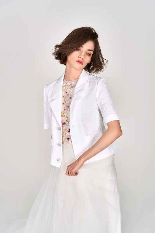 White Lapel Jacquard Cropped Jacket