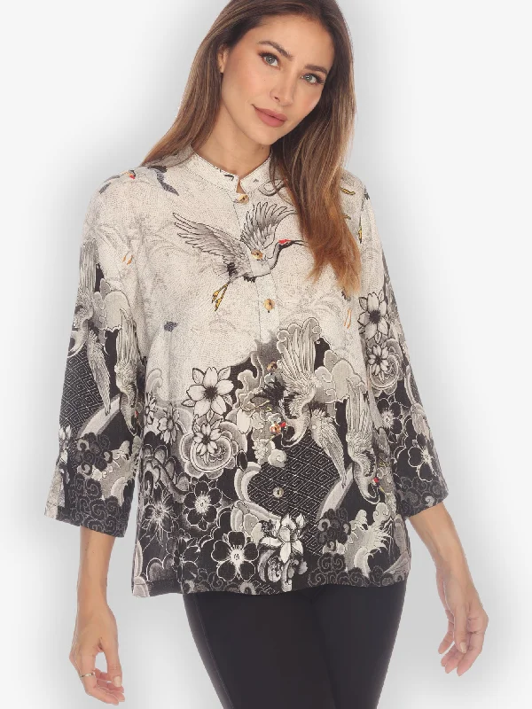 Black White Crane Wave Silk Blend Blouse