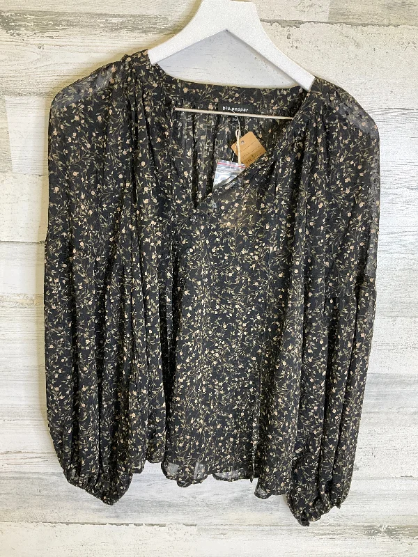 Blouse Long Sleeve By Blu Pepper In Black & Cream, Size: L