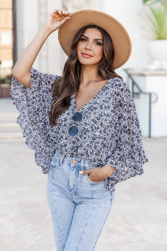 Holding On To Forever Black And Ivory Floral Short Sleeve Bodysuit FINAL SALE