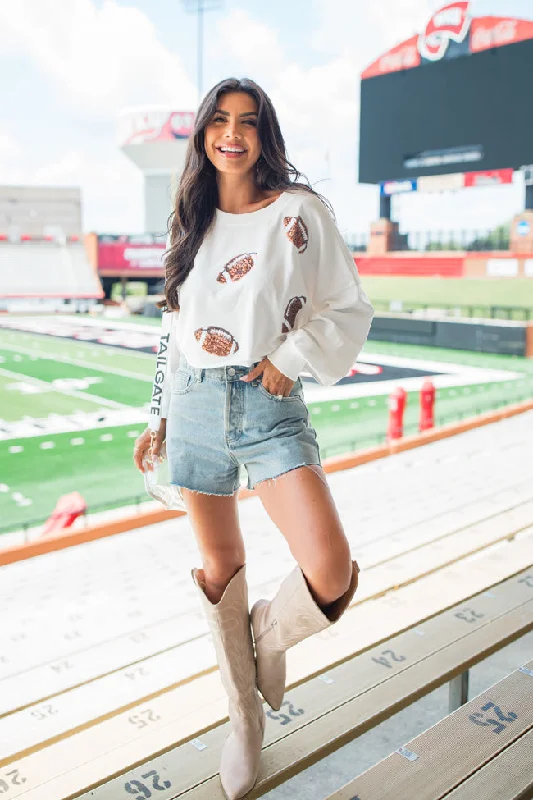 Off To A Good Start Ivory Football Patch Cropped Pullover