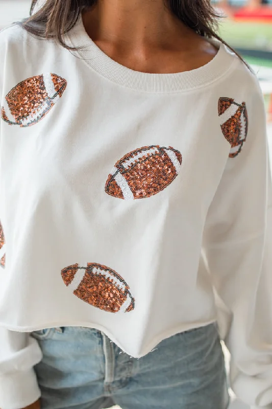 Off To A Good Start Ivory Football Patch Cropped Pullover