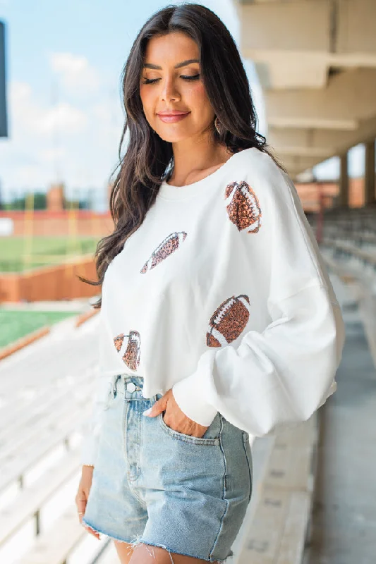 Off To A Good Start Ivory Football Patch Cropped Pullover