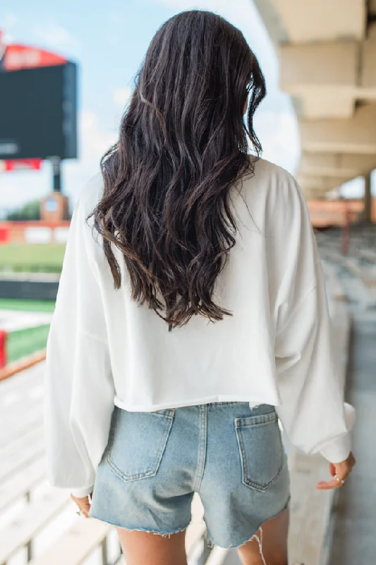 Off To A Good Start Ivory Football Patch Cropped Pullover