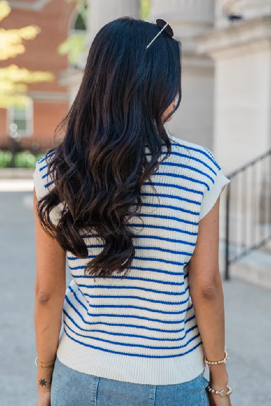 Look Up To You Blue Collared Striped Short Sleeve Sweater