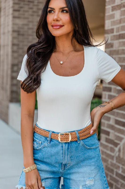 Not Your Average Ivory Scoop Neck Ribbed Bodysuit