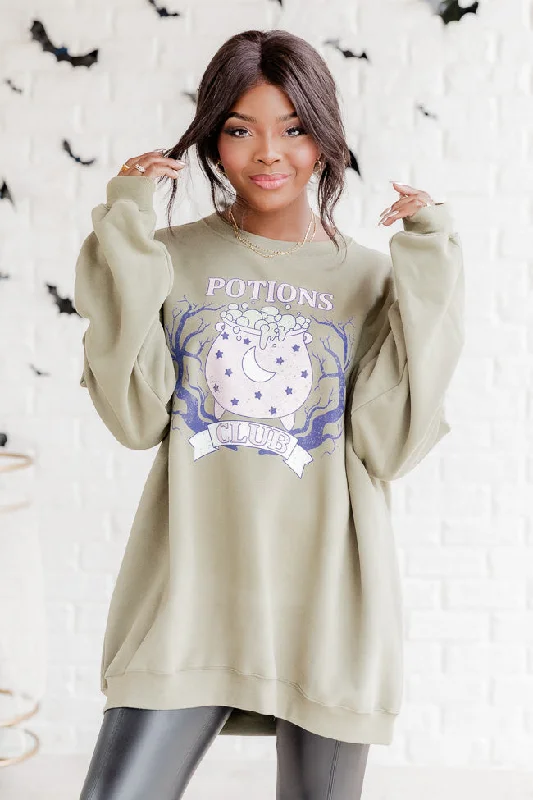 Potions Club Olive Oversized Graphic Sweatshirt